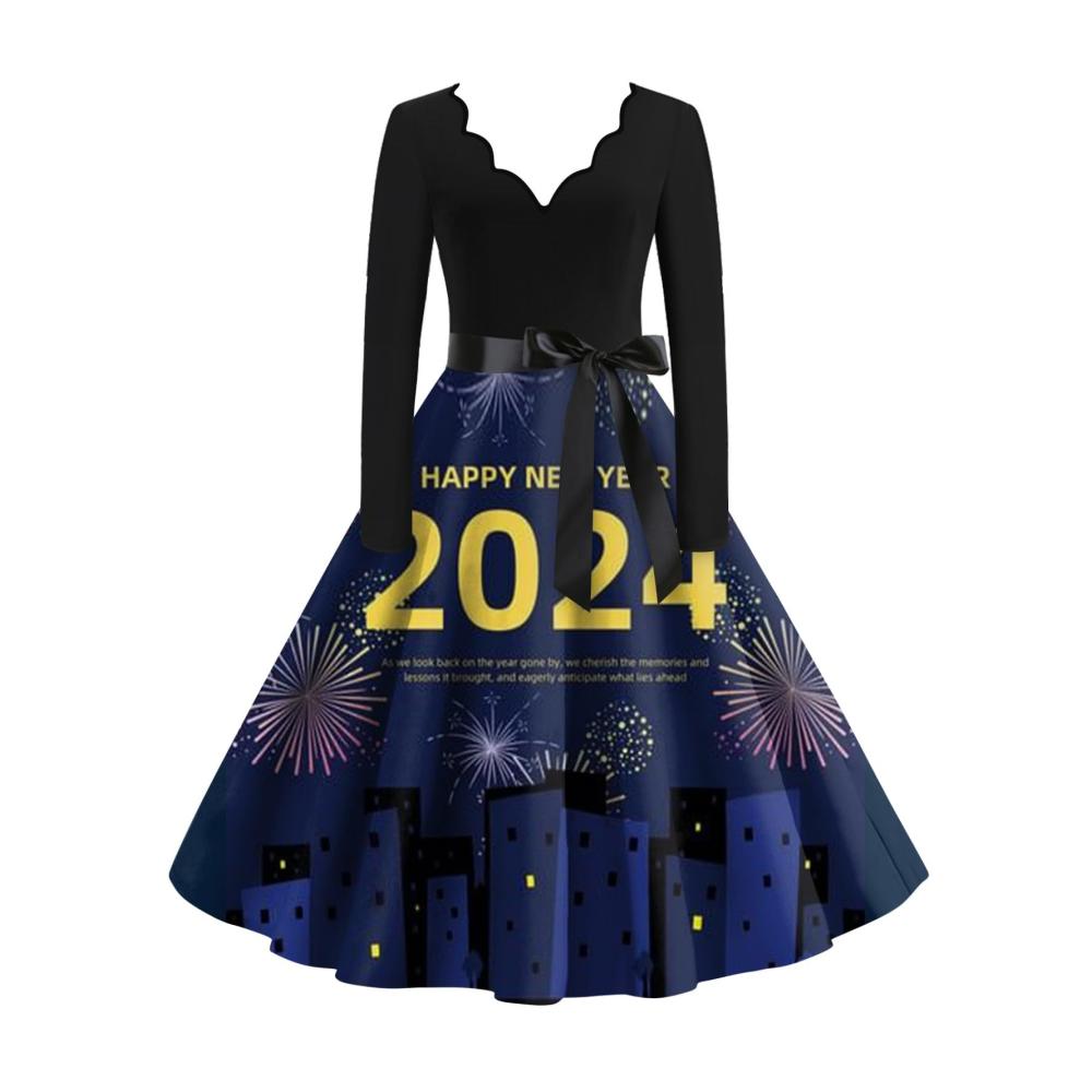 Entzückendes Weihnachtskleid Elegante Langarm Vintage A-Linie für Damen mit V-Ausschnitt und Gürtel perfekt für festliche Anlässe und Partys. Größe bis 5XL erhältlich