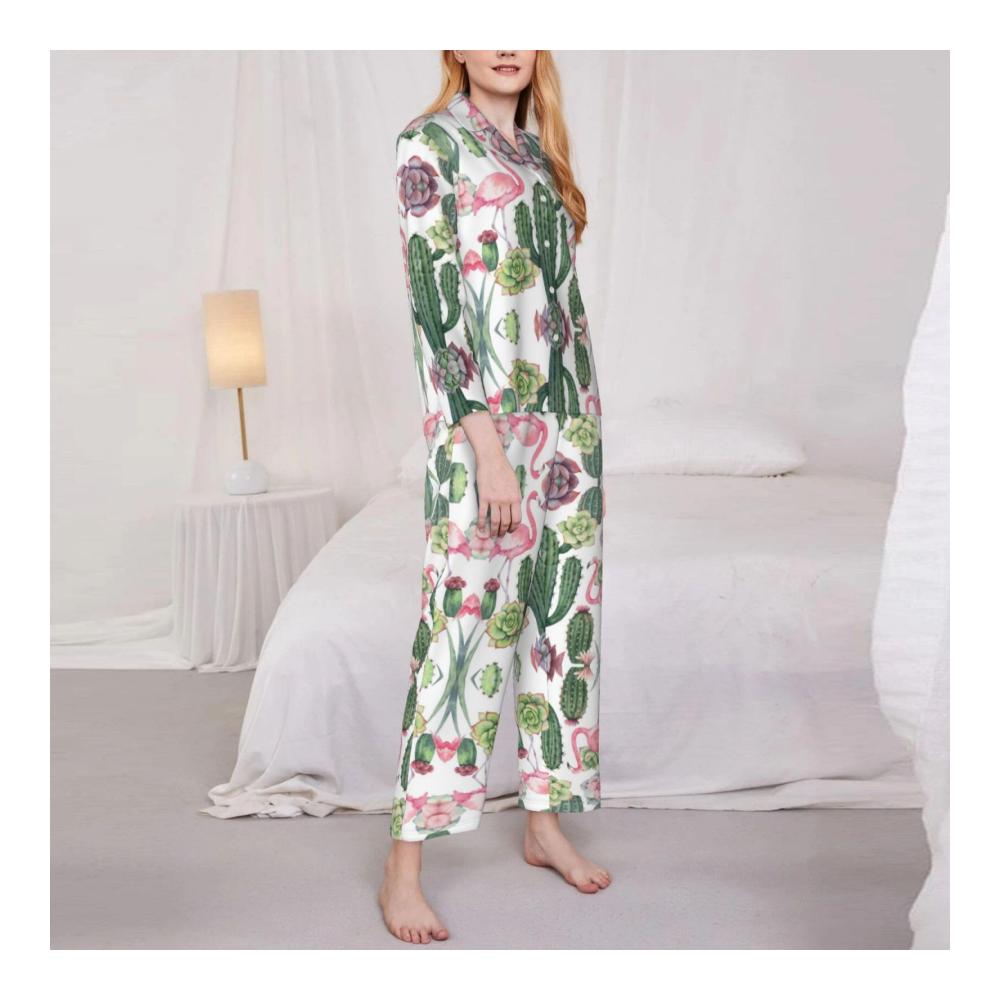 Damen-Schlafanzug Rosa Flamingo und Sukkulenten-Motiv Langärmelig Bequem und Stilvoll für die Nachtruhe Perfektes Geschenk für Entspannte Nächte