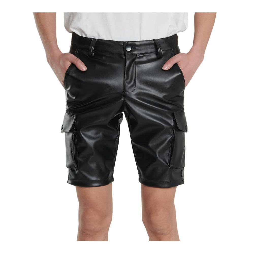 Sexy PU-Leder Männer Mittlere Taille Stretch Kette Shorts Freizeitshorts Leder Nightclub Kostüm für Bars & Stage Black 36