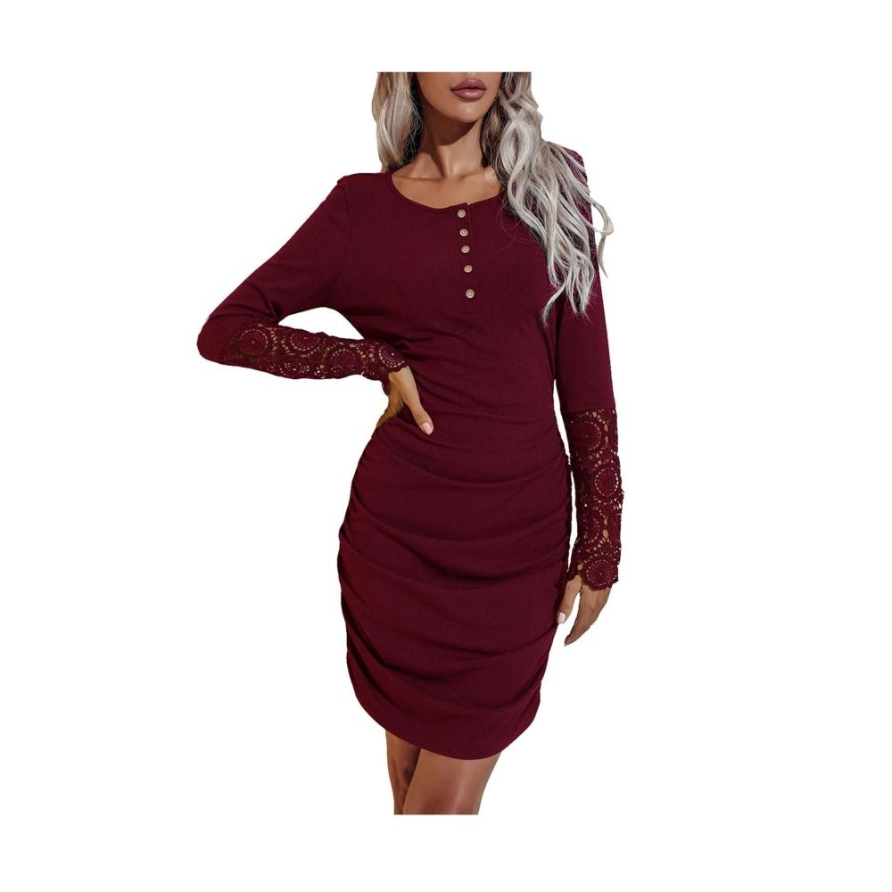Entdecke zeitlose Eleganz Damen Sexy Langärmliges Kleid mit Rundhals und Knopfleiste – Einzigartige Spitzen-Nähte für verführerischen Charme! Gönn dir Stil und Komfort