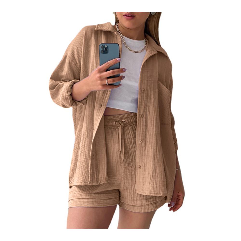 Sfit Damen Sommer Plissee Zweiteiler Eleganter Hosenanzug mit High Waist Shorts und Freizeitbluse – Perfekt für Y2K Streetwear und Casual Chic. Jetzt auf