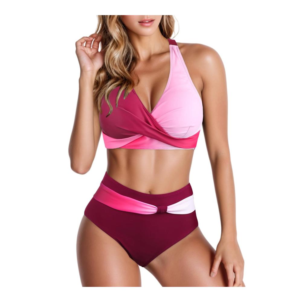 Badeanzug Damen Zweiteiliger Bikini Set für Bauchweg im Blumenmuster mit Push-Up Bügel und Neckholder für Strand und Schwimmbad