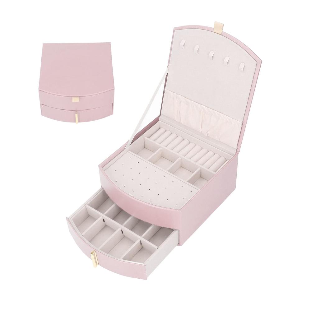 Organisieren Sie Ihren Schmuck stilvoll! Doppelschichtige Schmuckschatulle in Vintage-Optik mit Halskettenaufbewahrung perfekt als Weihnachtsgeschenk für Frauen und Mädchen (Rosa