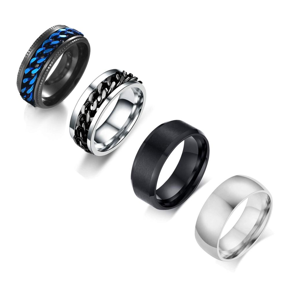 Entdecken Sie zeitlose Eleganz 4er-Set Vintage Schwarzstahlringe mit Kette für Herren und Damen. Perfekt für Verlobung und Freundschaft. Jetzt zugreifen