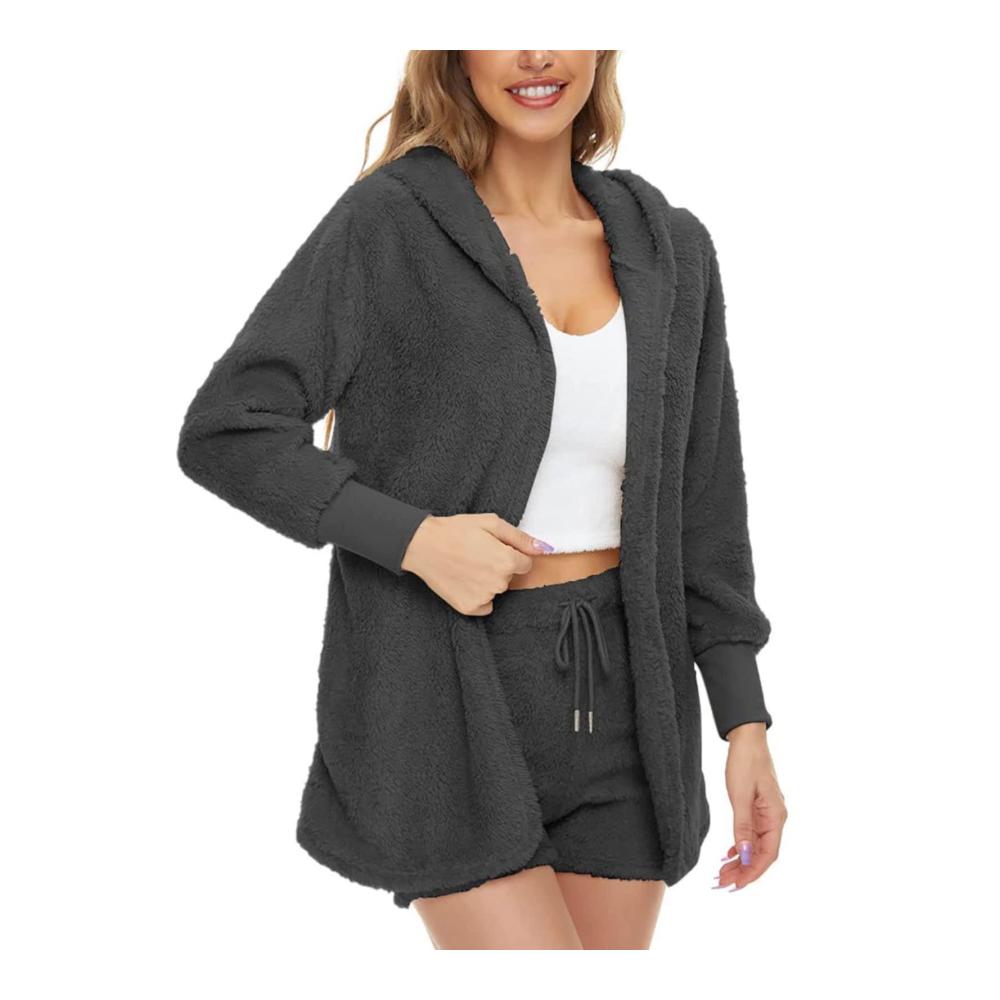 Entspannen Sie stilvoll Damen Schlafanzug Set mit Fleece-Crop-Top offener Strickjacke & Shorts. Perfekt für Komfort und Eleganz. Erleben Sie luxuriöse Loungewear