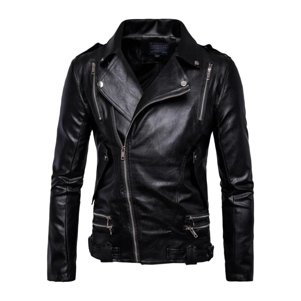 Herren Motorradjacke mit langen Ärmeln Polokragen Reißverschlüsse Großer Punkrock Look PU Motorradmantel
