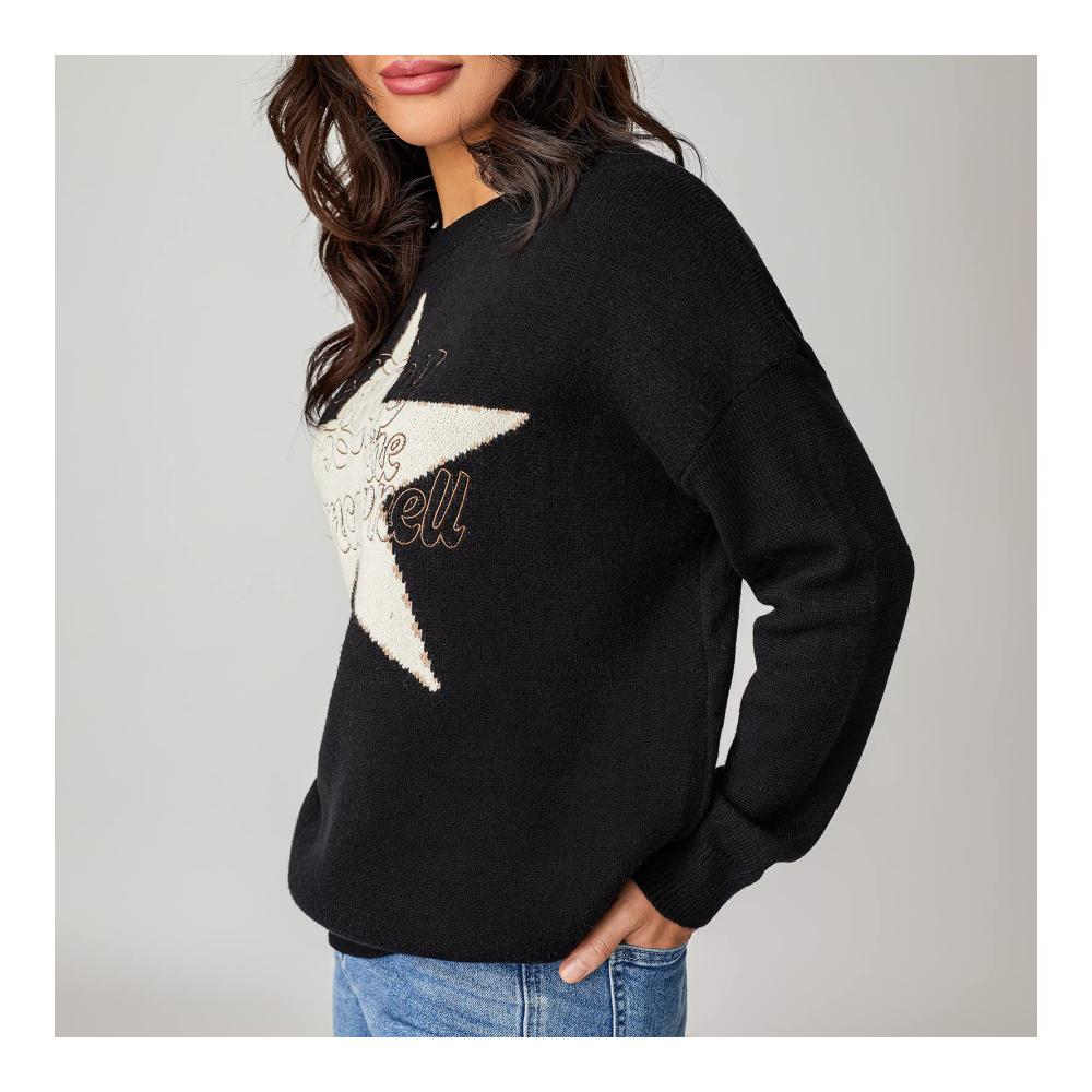 Einzigartiger Damen Vintage Stern Pullover Leicht Oversized mit Buchstaben-Druck! Stilvoller Langarm Rundhals-Strickoberteil