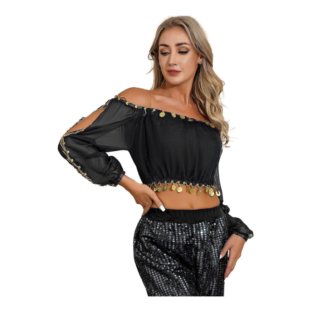 Entdecken Sie die Perfektion von Tops Damen Bauchtanz Kostüm Oberteil mit Münzen - Exquisit Schulterfrei und Bauchfrei für den ultimativen Tanzstil
