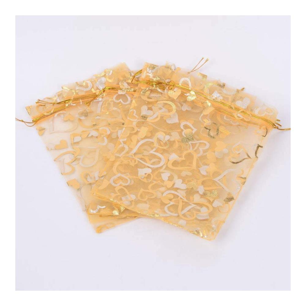 Luxuriöse Organza Schmuckbeutel 100 Stück 9x12 cm ideal für Hochzeit & Geschenke (Gold). Elegantes Design mit Sheer-Kordelzug für perfekte Präsentation