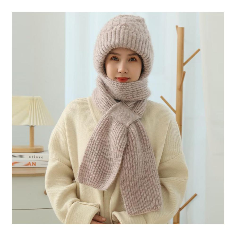 Integrierte Wintermütze mit Schal und Handschuhset Warme Strickmütze winddichter Maskenschal mit Kapuze thermische Handschuhe für Frauen und Mädchen