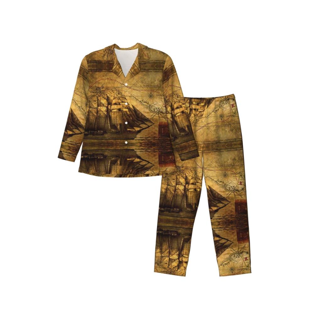Entspannt durch die Nacht segeln Langärmeliges Piraten-Motiv Pyjama-Set für Herren. Bequemer und modischer Schlafanzug für erholsamen Schlaf