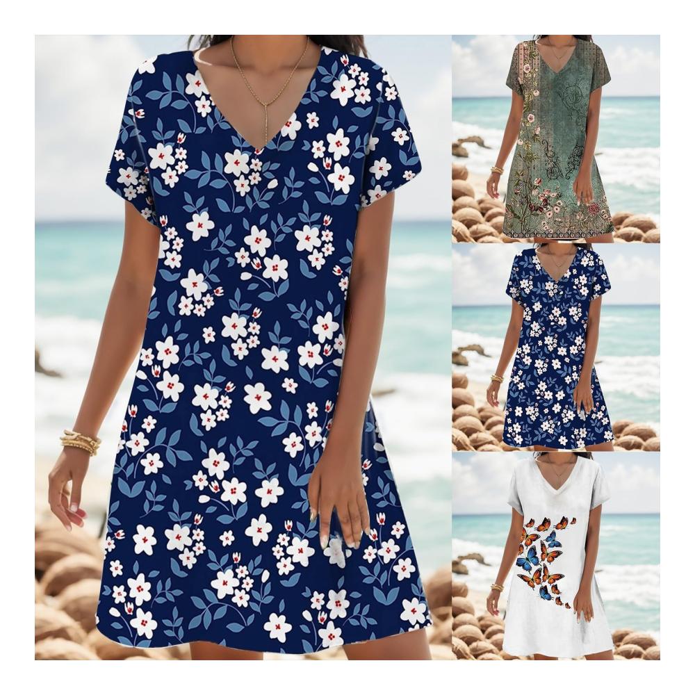 Entzückende Damen Bodys Kurzarm Rundhals Bohemian Blumen Sommerkleid für einen stilvollen Freizeitlook mit floralen Akzenten und lässigem Charme