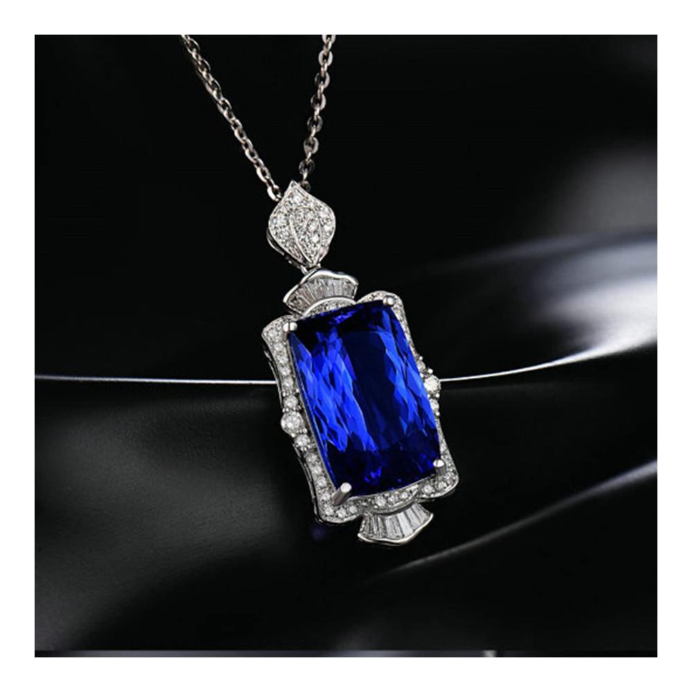Einzigartige Hochzeitshalskette 18K Weiße Damen Halskette mit Blauem Rechteck 5Ct Diamant und Tansanit – Exquisite Ketten für besondere Anlässe
