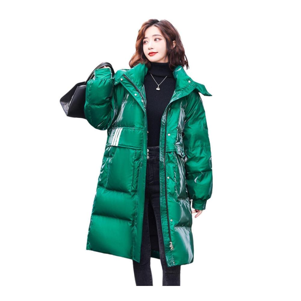 Attraktive glänzende Daunenjacke Damen XL Grün | Mittellang | Winterverdickt | Hochwertige Entendaunen | Outdoor Pufferjacke