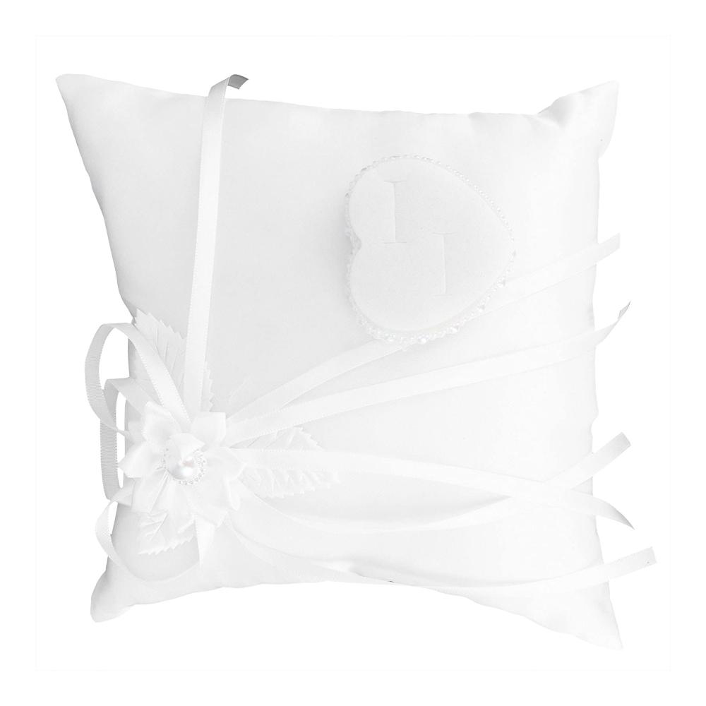 Verliebtes Herz Weißes Ringkissen mit Schleife Perlen & Ehering. Perfektes Accessoire für Hochzeiten Partys & Heimdekoration. Ein Muss für jede Zeremonie