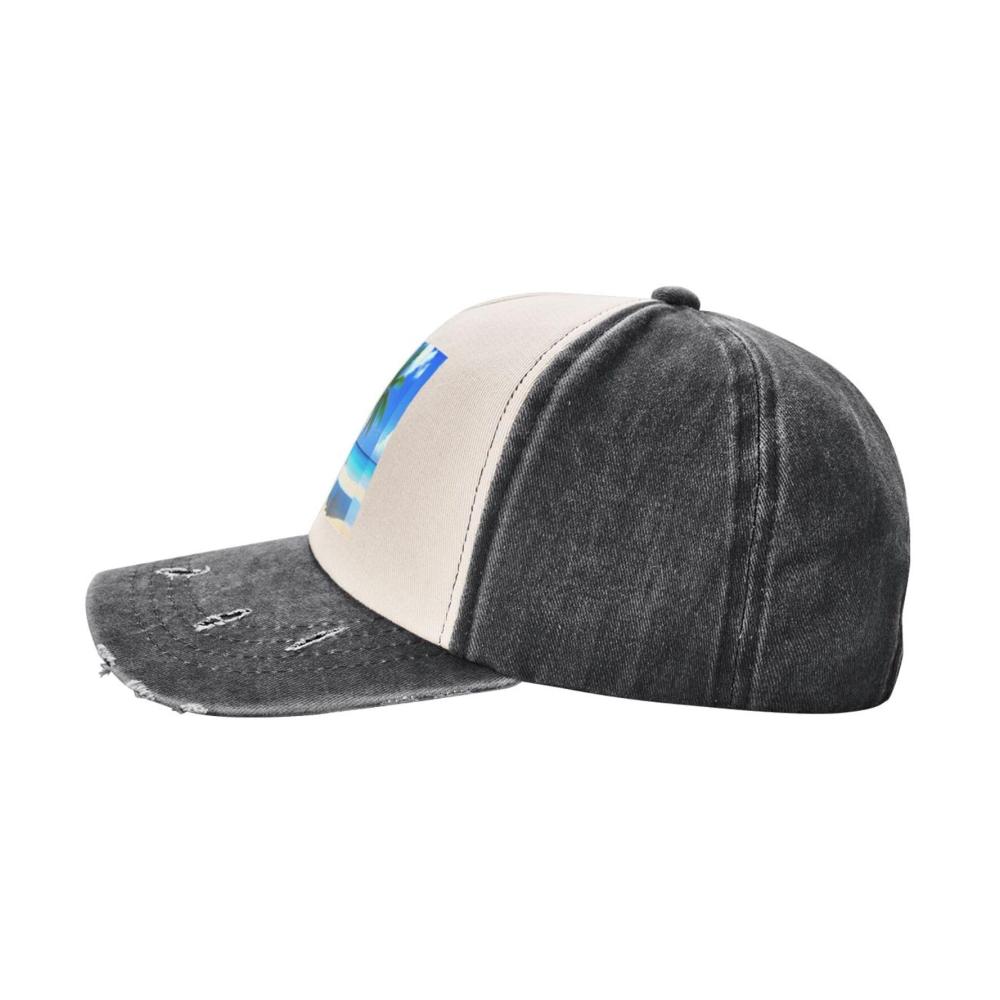 Einzigartiges Baseball Cap Stilvoll Verstellbar & Bequem. Palmen & Meerdruck auf gewaschenem Denim. Perfekt für jeden Anlass