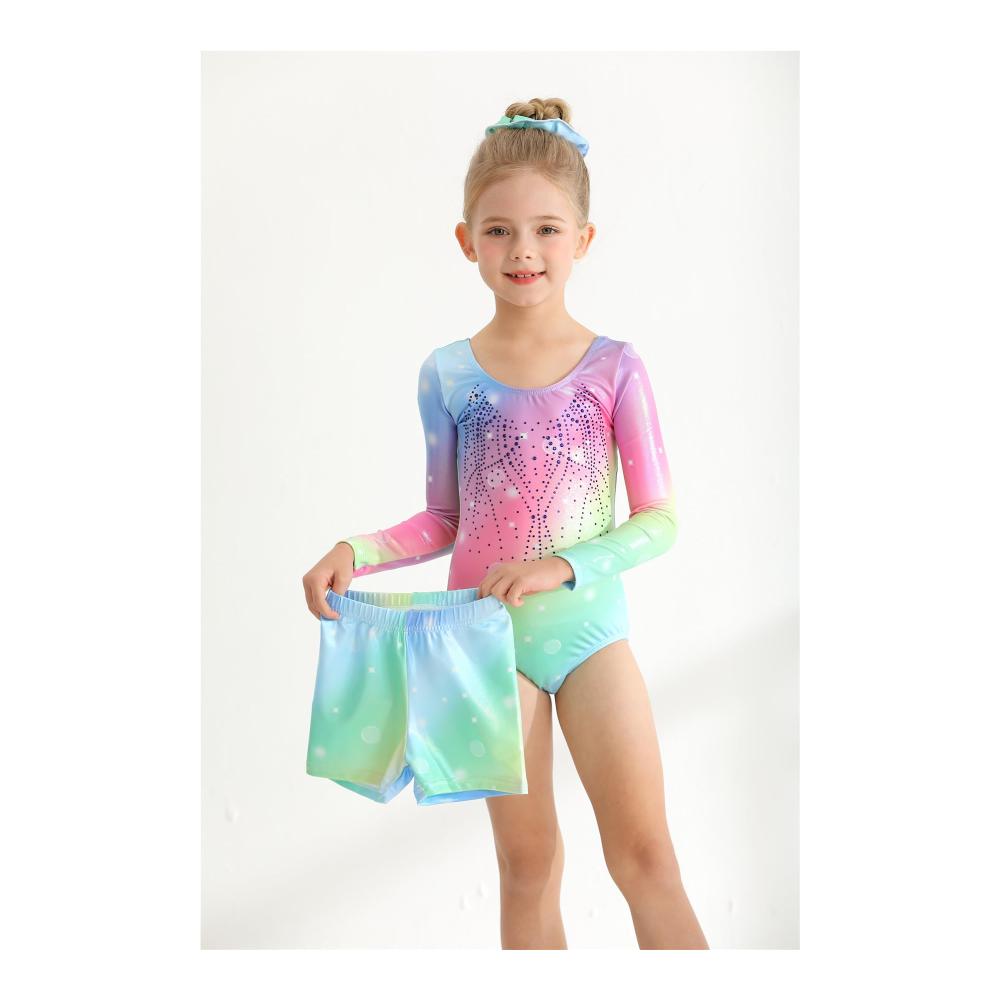 Glitzernde Gymnastik-Leotards für Mädchen mit Shorts Diamantene Einteiler-Outfits für Kinder von 3-12 Jahren Metallic-Funkeln für Training und Wettkampf