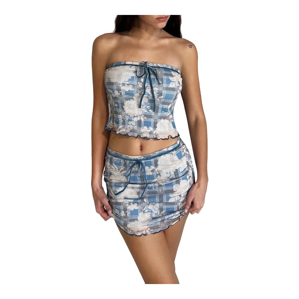 Elegante Damen Sommer Röcke Y2K Plissee Rock Outfits Ärmellos Schulterfrei Hohe Taille Vintage 2 Teiliges Set Streetwear Cocktail Party Anzug Minirock mit Tube Crop Top