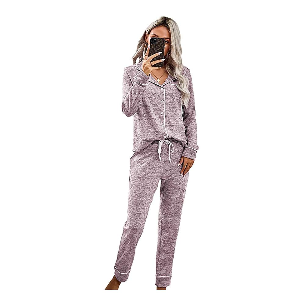 Entspannen Sie stilvoll Damen Schlafanzug Pyjama Damen Winter V-Ausschnitt - Super Soft und Bequem für gemütliche Nächte. Perfekt für Zuhause in Rosa Größe XL