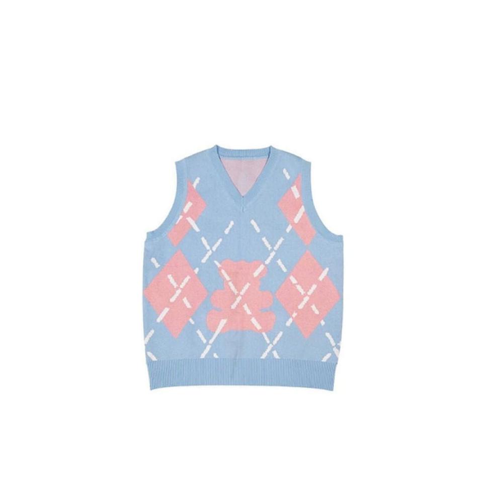 Damen Strickjacken Ärmellose Gitter-Cardigan-Jacke im Cartoon-Print V-Ausschnitt Vintage-Pullover-Weste für einen lässigen Preppy-Look