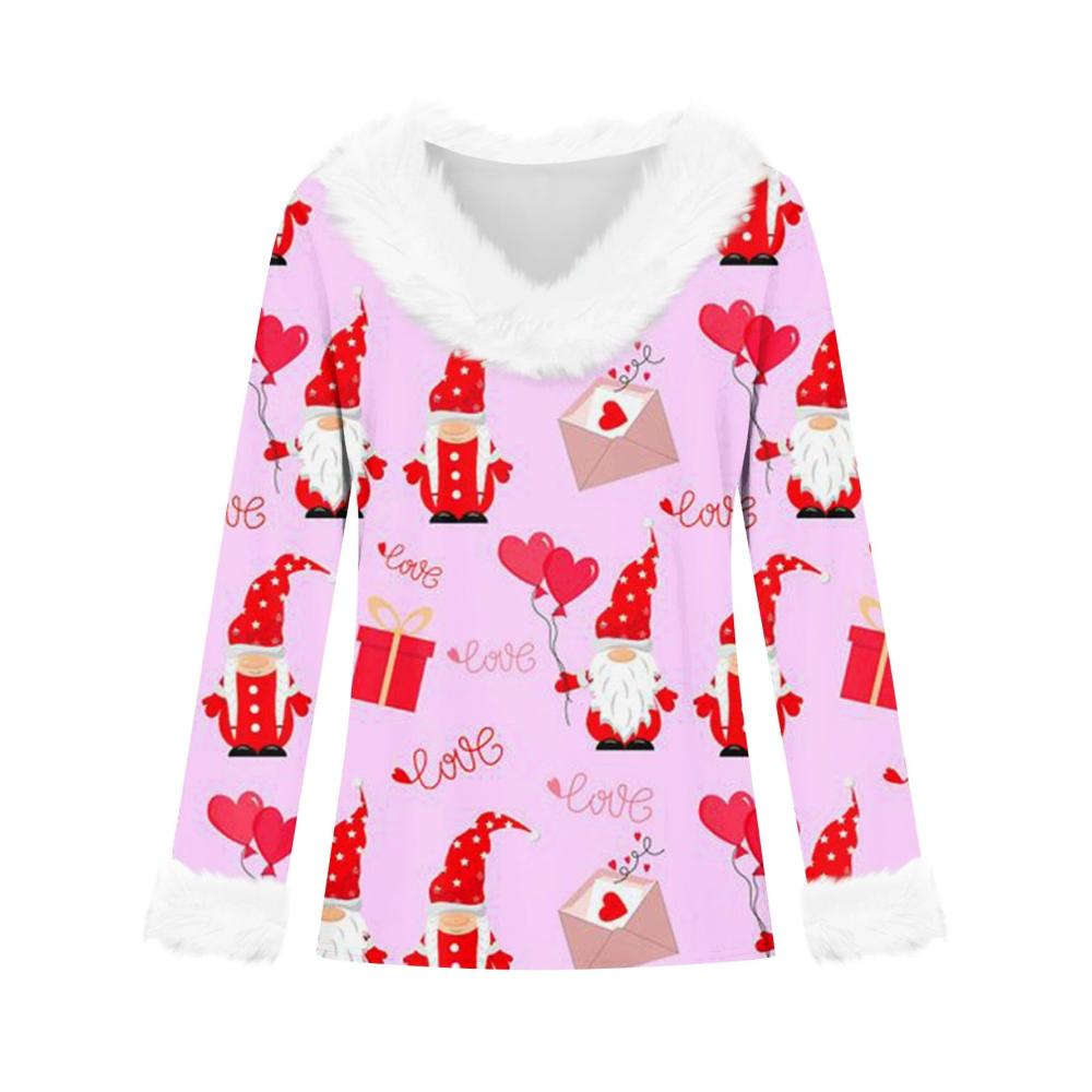 Valentines Day Blusen für Damen - Herbst Winter Lange Ärmel Plüsch V- Ausschnitt Druck Plus Size Mode Valentinstags Geschenk Sexy Hemden Party Rundhals Oberteile