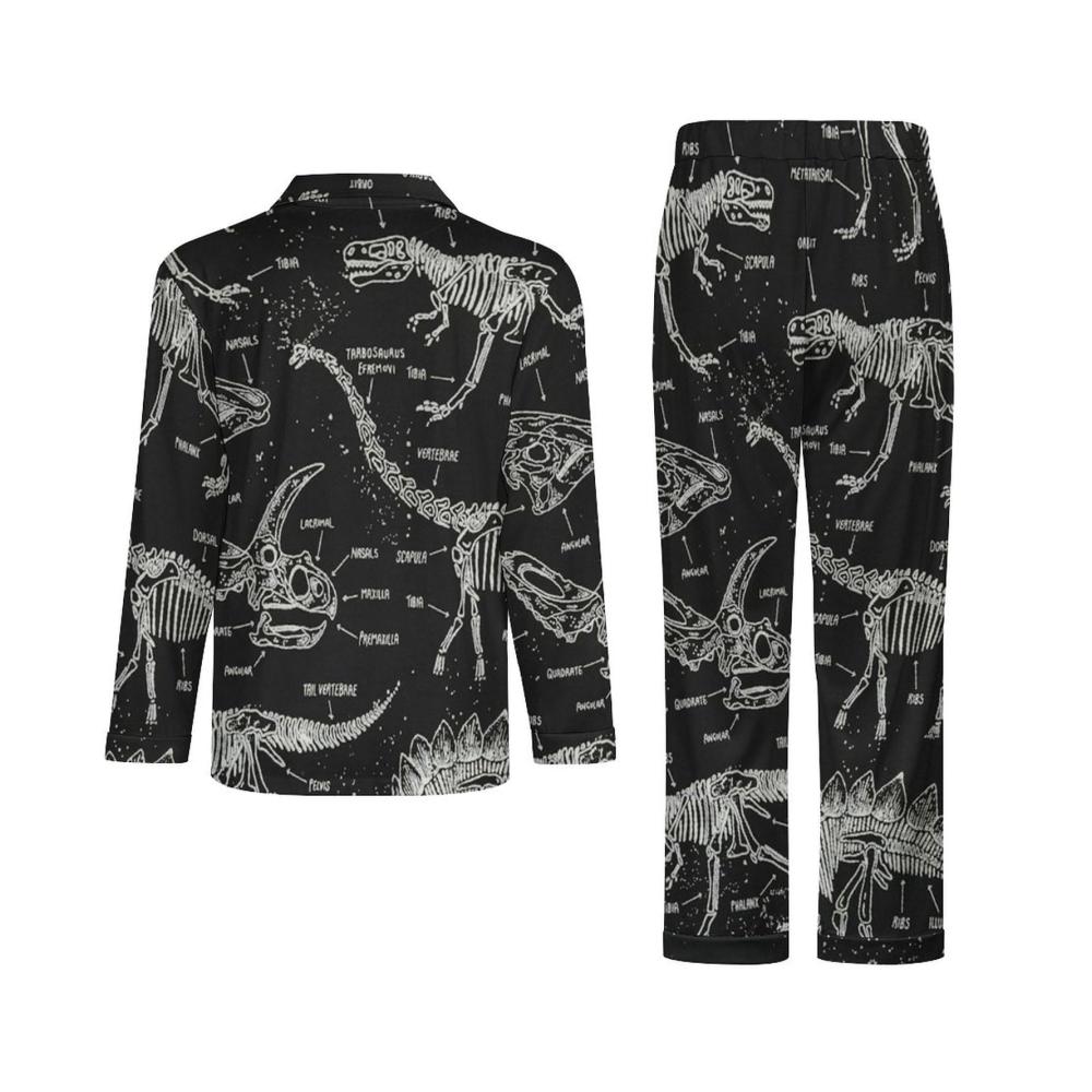 Bequemer Herren V-Ausschnitt Pyjama mit Taschen – Schwarzer Dinosaurier-Schlafanzug für Männer. Genießen Sie erholsame Nächte in stilvollem Komfort