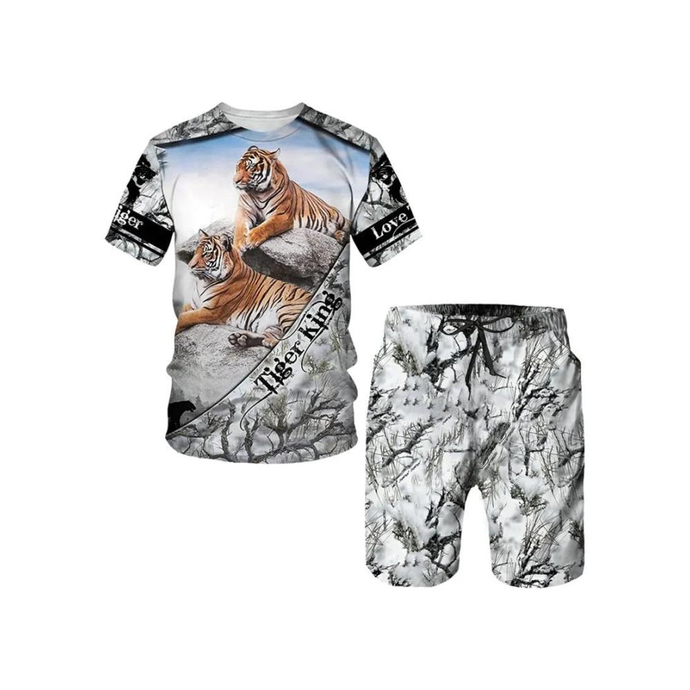 Atmungsaktiver Sommer-Trainingsanzug für Herren 3D-Tigermuster Rundhalsausschnitt Kurzarm-Shorts Freizeitsportanzug für Fitness Laufen