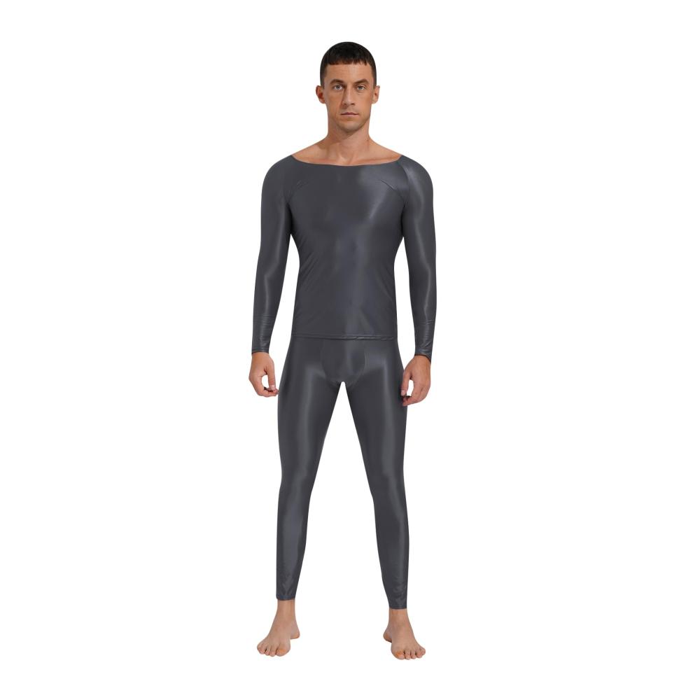 Wetlook-Unterwäschesets für Herren Langarm-Unterhemd & Leggings Glänzende Jumpsuit-Party-Clubwear
