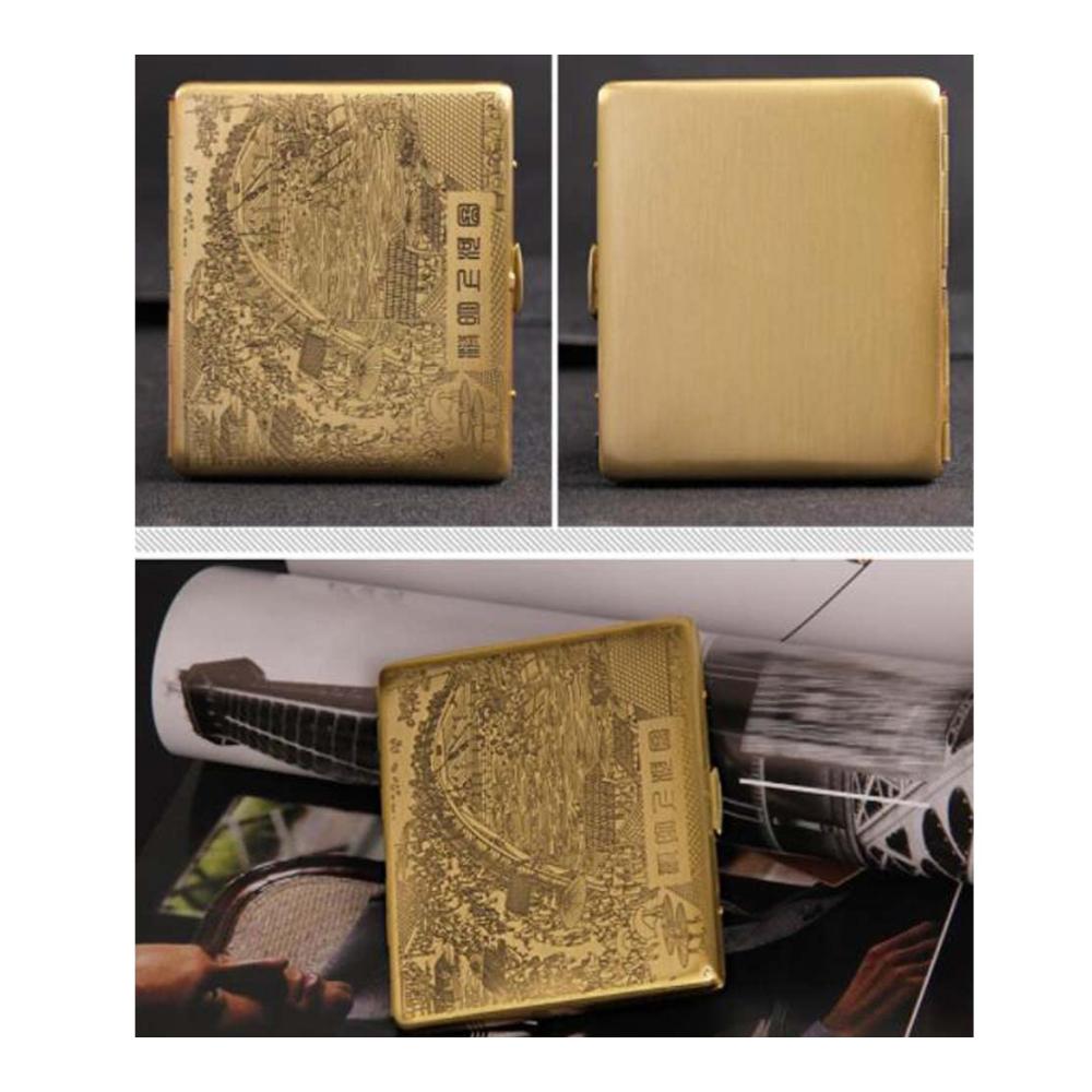 Hochwertiges Vintage-Metall-Zigarettenetui aus Bronze im chinesischen Stil mit Schnitzerei - Flussuferszene beim Qingming-Festival für 9 normale Zigarettenspitzen
