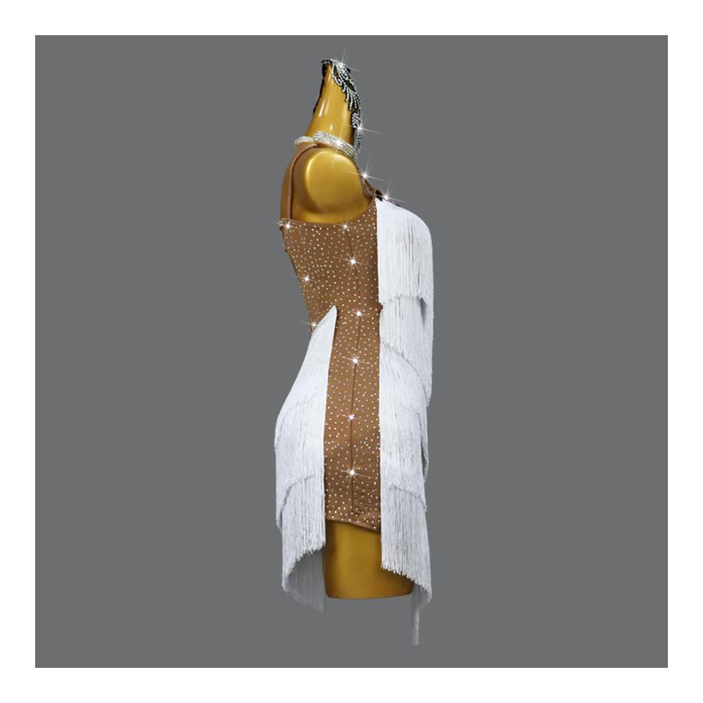 Elegantes Latein Turnierkleid Rückenfrei Fransen & Schlitz. Perfekt für Salsa Samba & mehr. Weißes Kleid ideal als Geschenk für Frauen