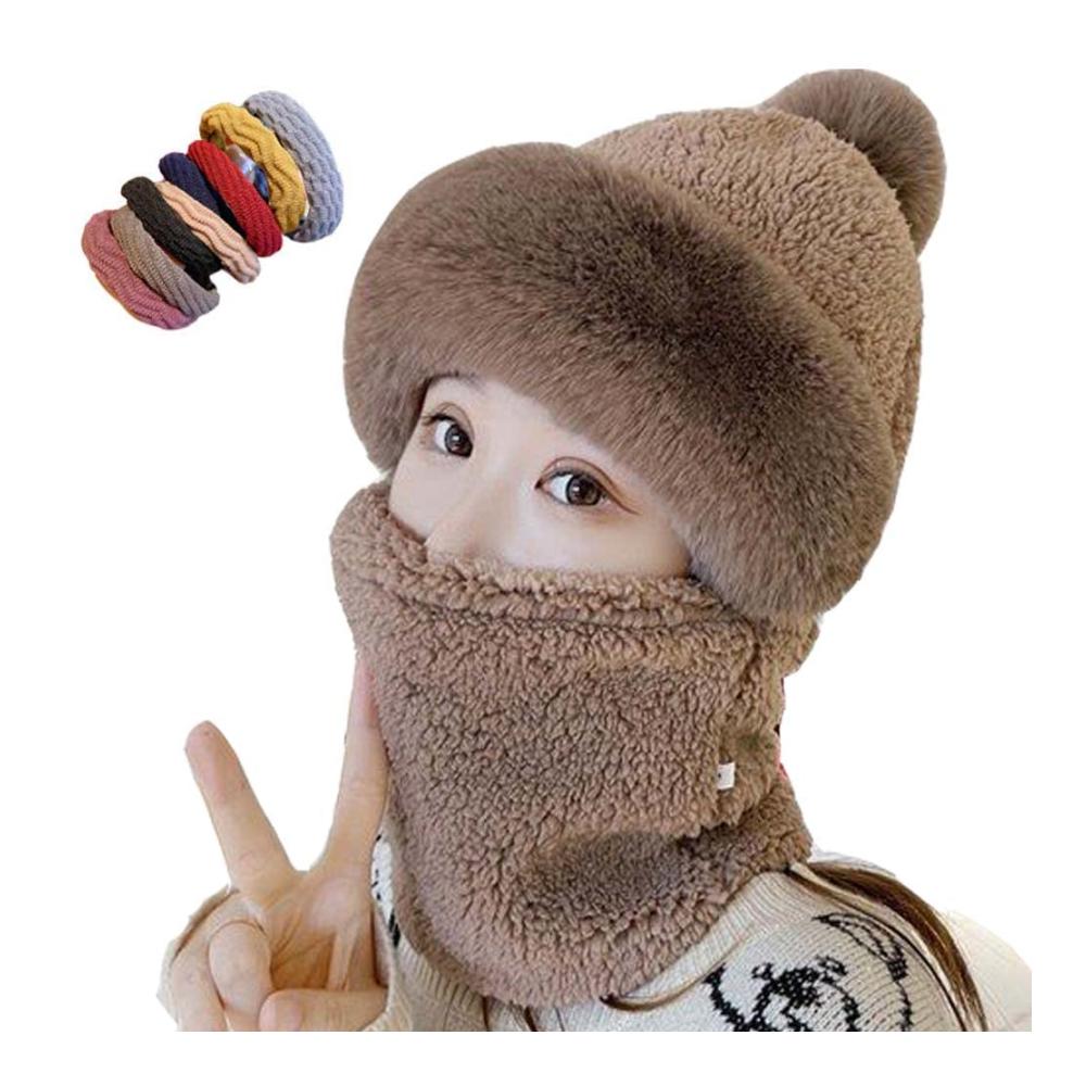 Perfekte Kombination Damen Radfahren Winter Plüsch Mütze Schal & Handschuh-Set | Winddicht Strickwolle integrierte Maske & Kragen | Stilvolle Wärme für kalte Tage