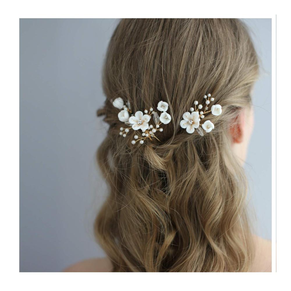 Exquisite Haarnadeln für die perfekte Hochzeitsfrisur | Kristall Strass und Simulierte Perlen | Elegant und stilvoll | Hochwertiger Brautschmuck von HONEY BEAR | Keramik Blumen Haarkämme