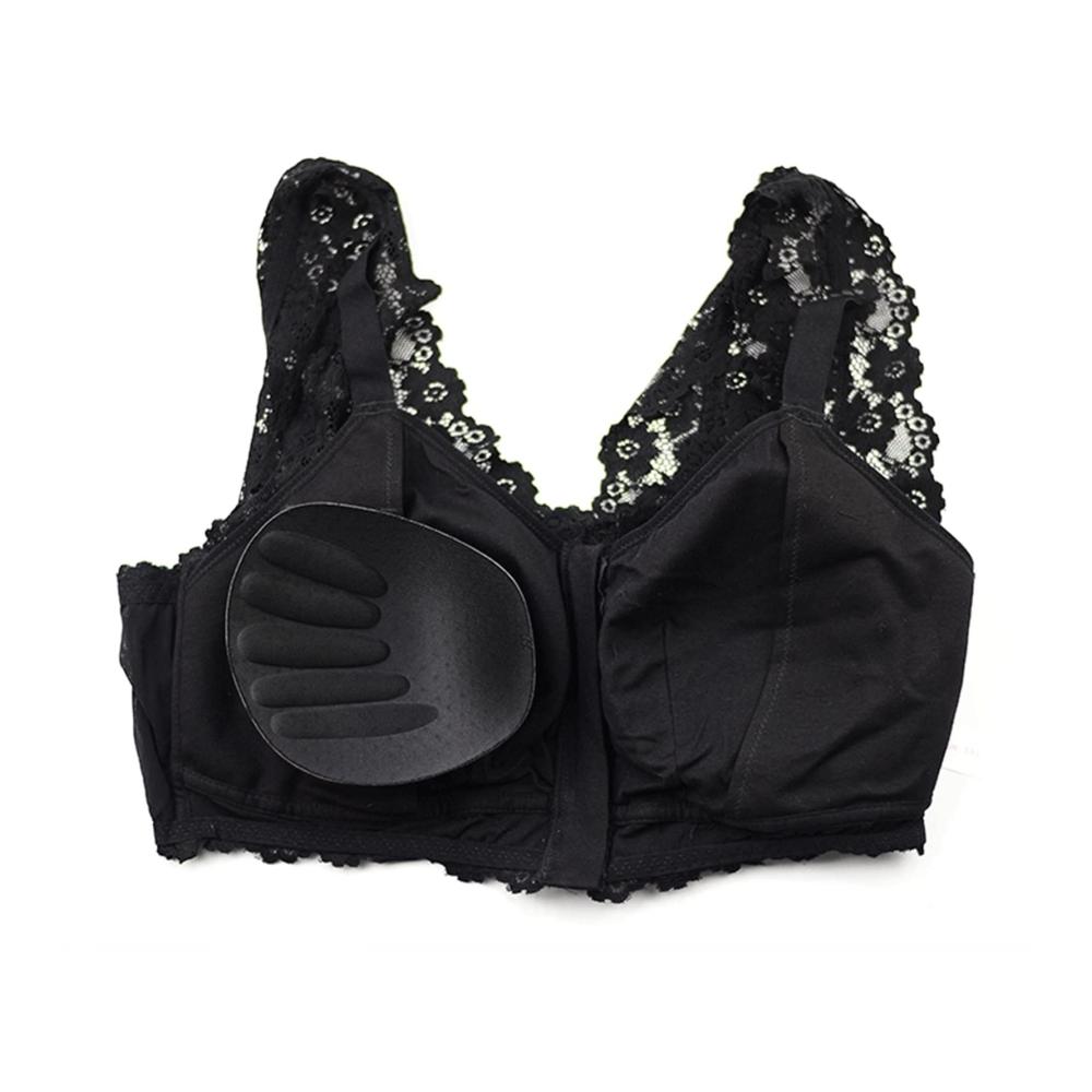 Entdecken Sie verführerische Spitzen-Mastektomie-BHs Frontverschluss Drahtfrei mit Taschen – Für stilvolle Unterstützung und Selbstvertrauen! (Farbe Schwarz Größe XL/X-Large
