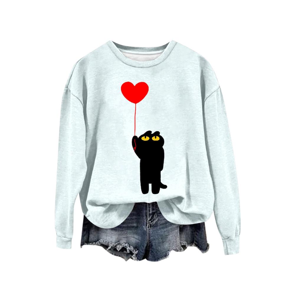 Damen Pullover Sweatshirts Frauen Bedruckte Sweatshirt mit Herzmuster Liebe Dich Langarm Hoodies Niedliches Tiermotiv Freizeitjacke
