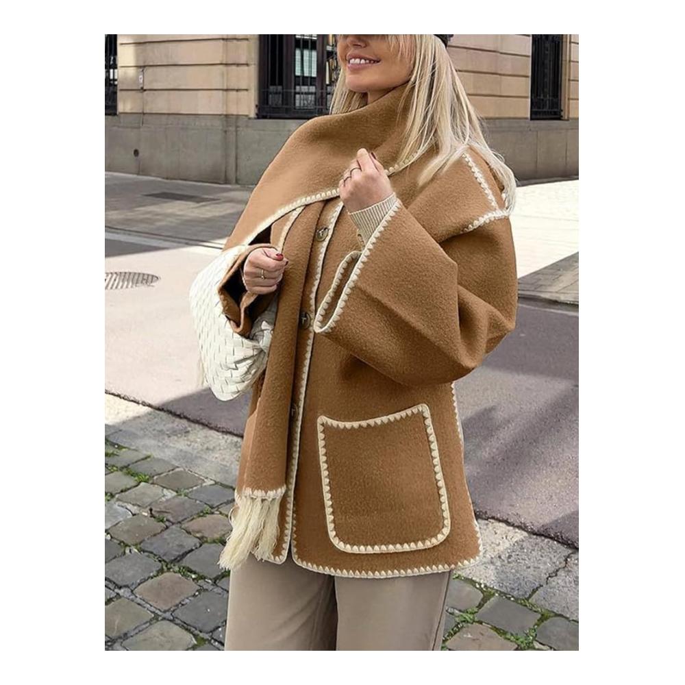 Stilvoller Winter-Chic Damenjacken mit Stickerei und Quasten-Schal - Hochwertige Wolle und übergroße Passform für zeitlose Eleganz