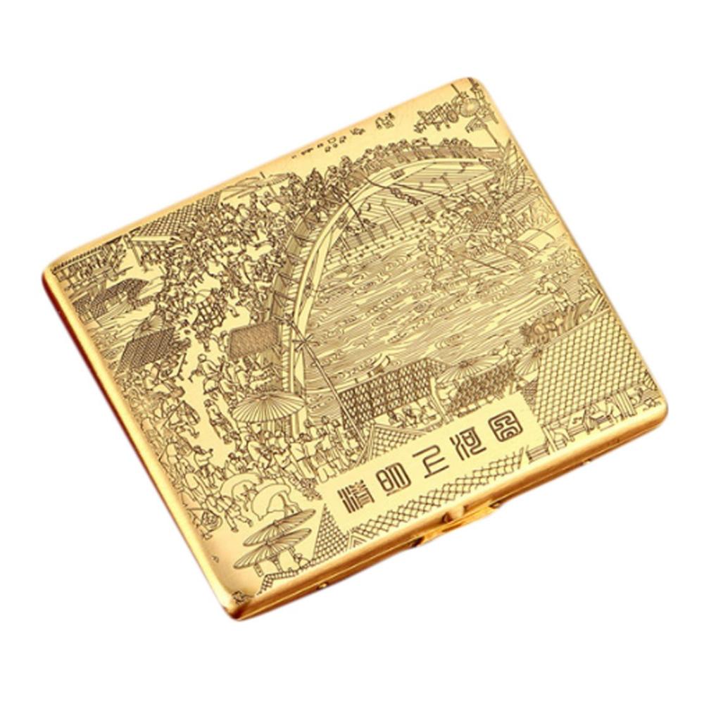 Hochwertiges Vintage-Metall-Zigarettenetui aus Bronze im chinesischen Stil mit Schnitzerei - Flussuferszene beim Qingming-Festival für 9 normale Zigarettenspitzen