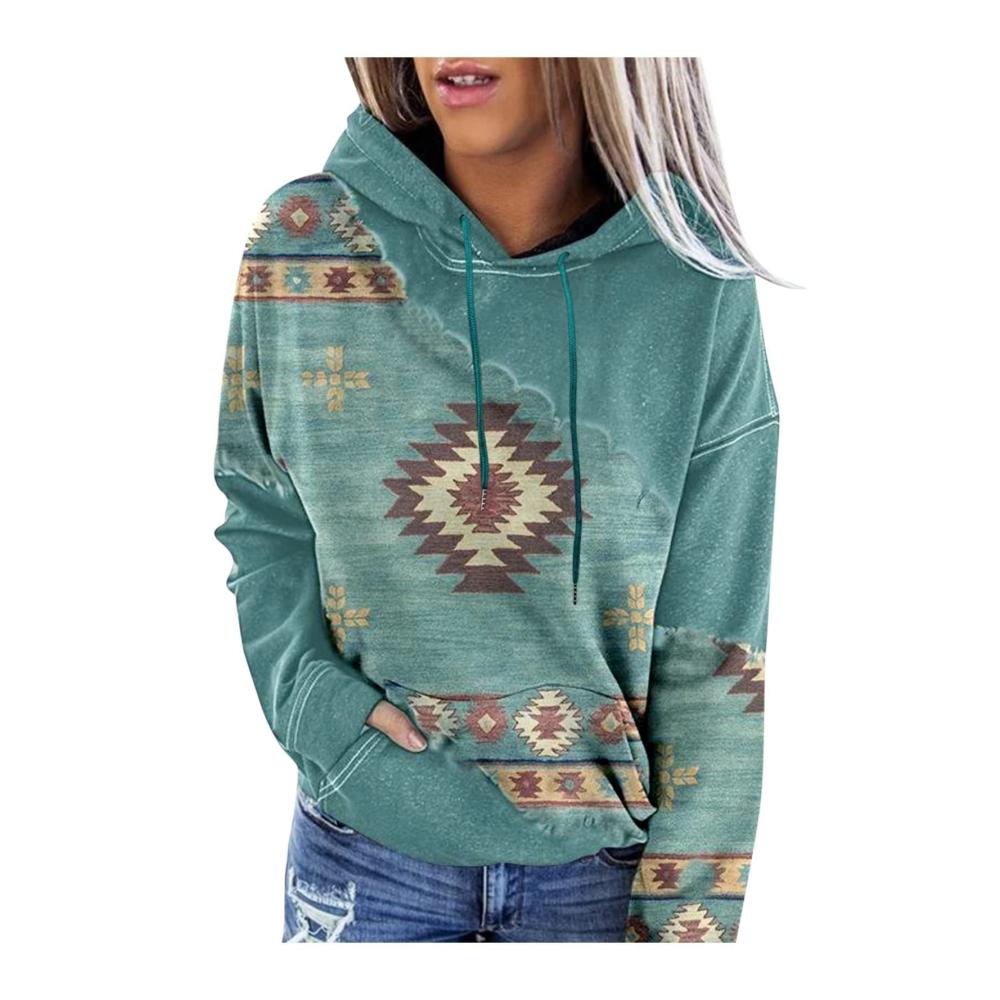 Damen Kapuzenpullover mit farbenfrohem Aztekenmuster geometrischem Ethnodruck westlichem Look langärmeligem Sweatshirt Pullover mit Kängurutasche und Kordelzug für einen lässigen Style