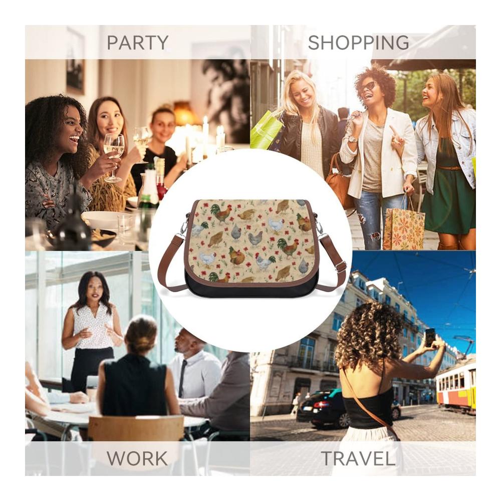 Einzigartige Leder Umhängetasche Stilvolle Crossbody Tasche für Frauen mit vielen Funktionen und verstellbaren Trägern | Hühnermotiv | 31 x 11 x 22cm