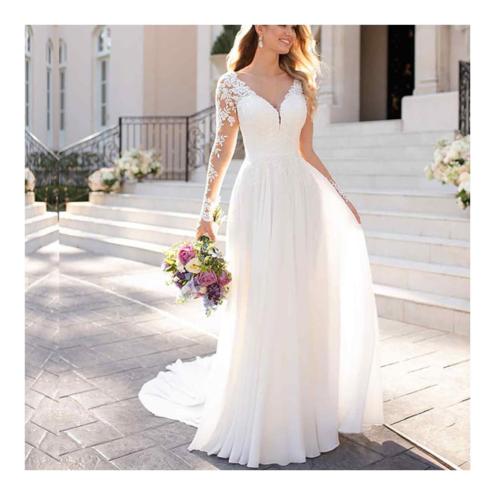 Entzückende Frauen V-Ausschnitt Brautkleider Elegante Spitze luftiges Chiffon & lange Ärmel für den perfekten Boho-Look. Jetzt die Traumrobe entdecken