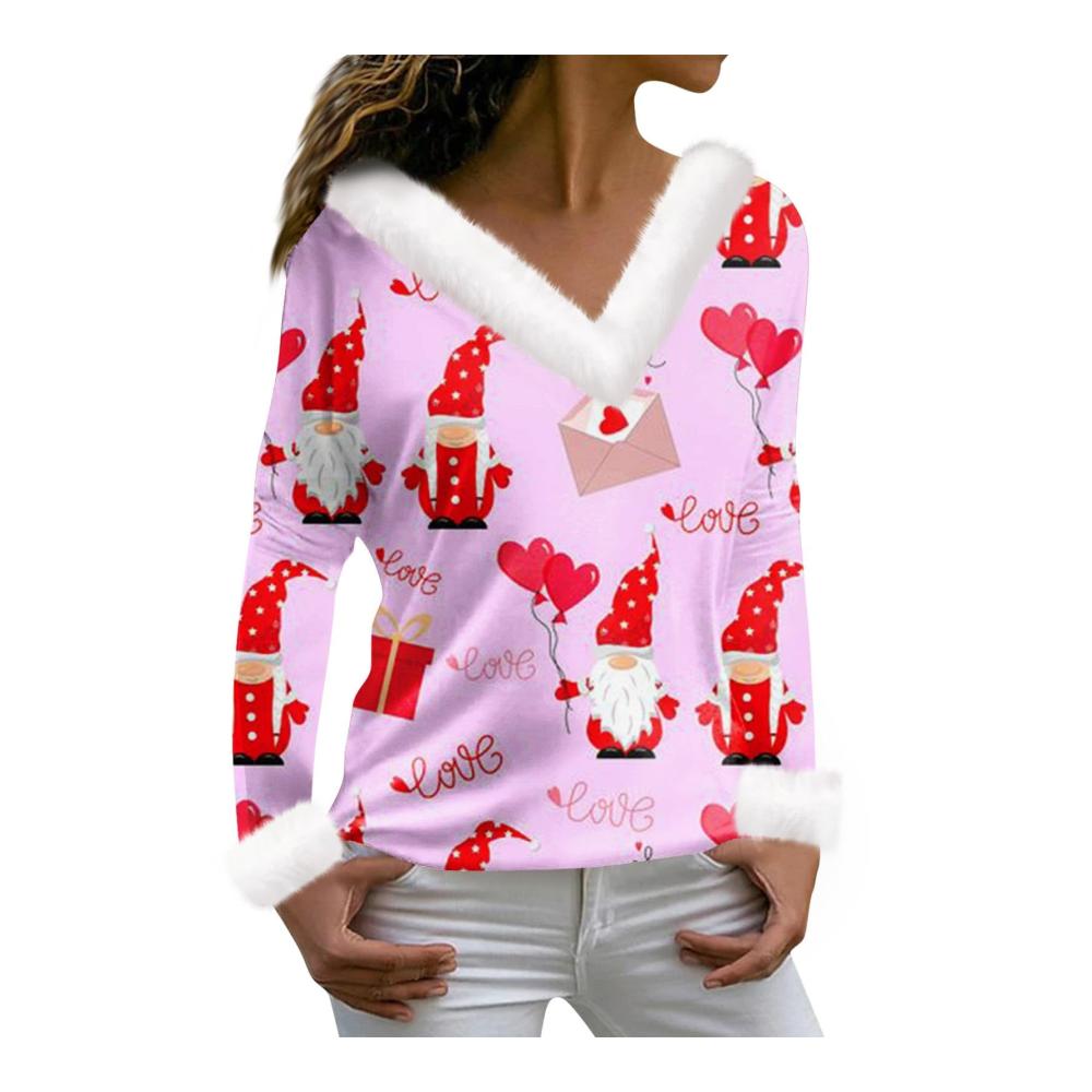 Valentines Day Blusen für Damen - Herbst Winter Lange Ärmel Plüsch V- Ausschnitt Druck Plus Size Mode Valentinstags Geschenk Sexy Hemden Party Rundhals Oberteile