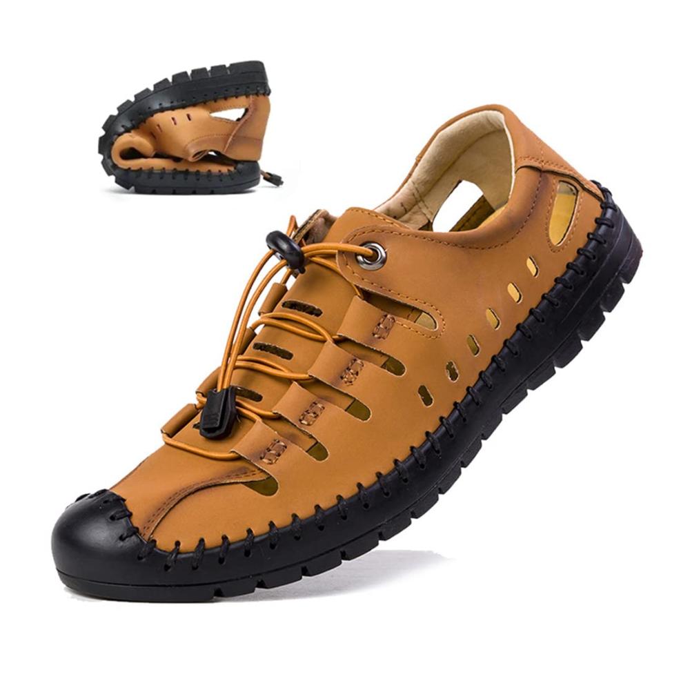 Entdecke den ultimativen Sommerkomfort Elegante Aviator Leder Sandalen für Herren geschlossene Zehen weiche Sohle rutschfest und atmungsaktiv. Ideal für Strandspaziergänge! (Braun Größe 43