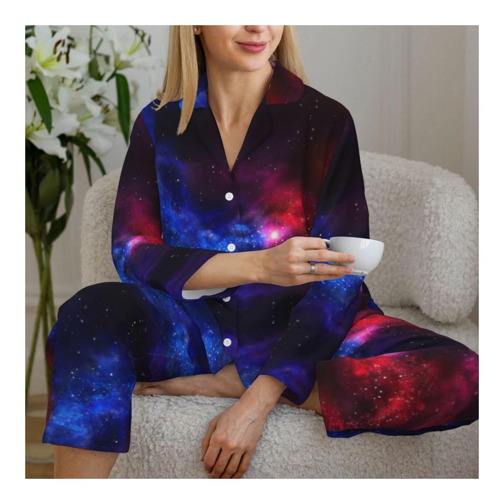 111 Damen Pyjama lang rot blau mit dunkelblauem Galaxie Print Nachthemd Oberteil und Hose gemütliche Nachtwäsche