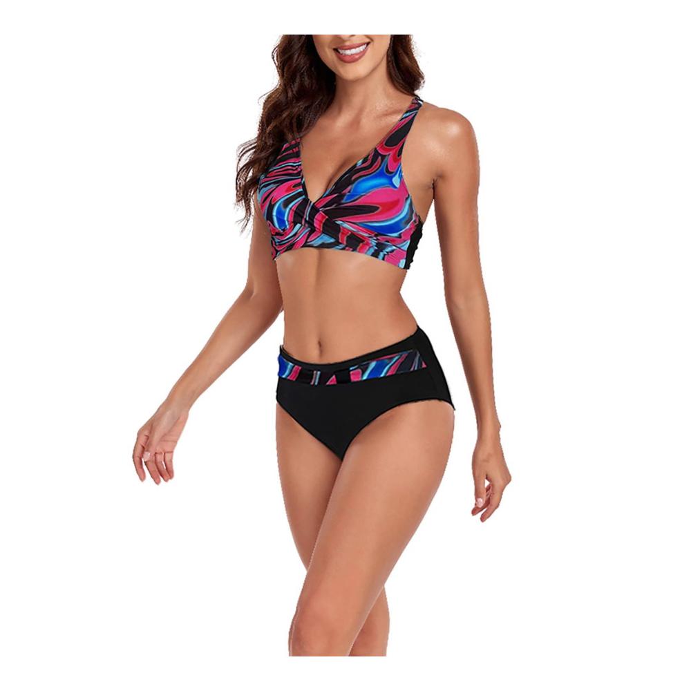 Damen-Badeanzug zweiteilig hohe Taille Farbblock Bade-BH Wickel-Bikini-Set für Urlaub Strand sexy schick Bademode Badebekleidung heißpink 52
