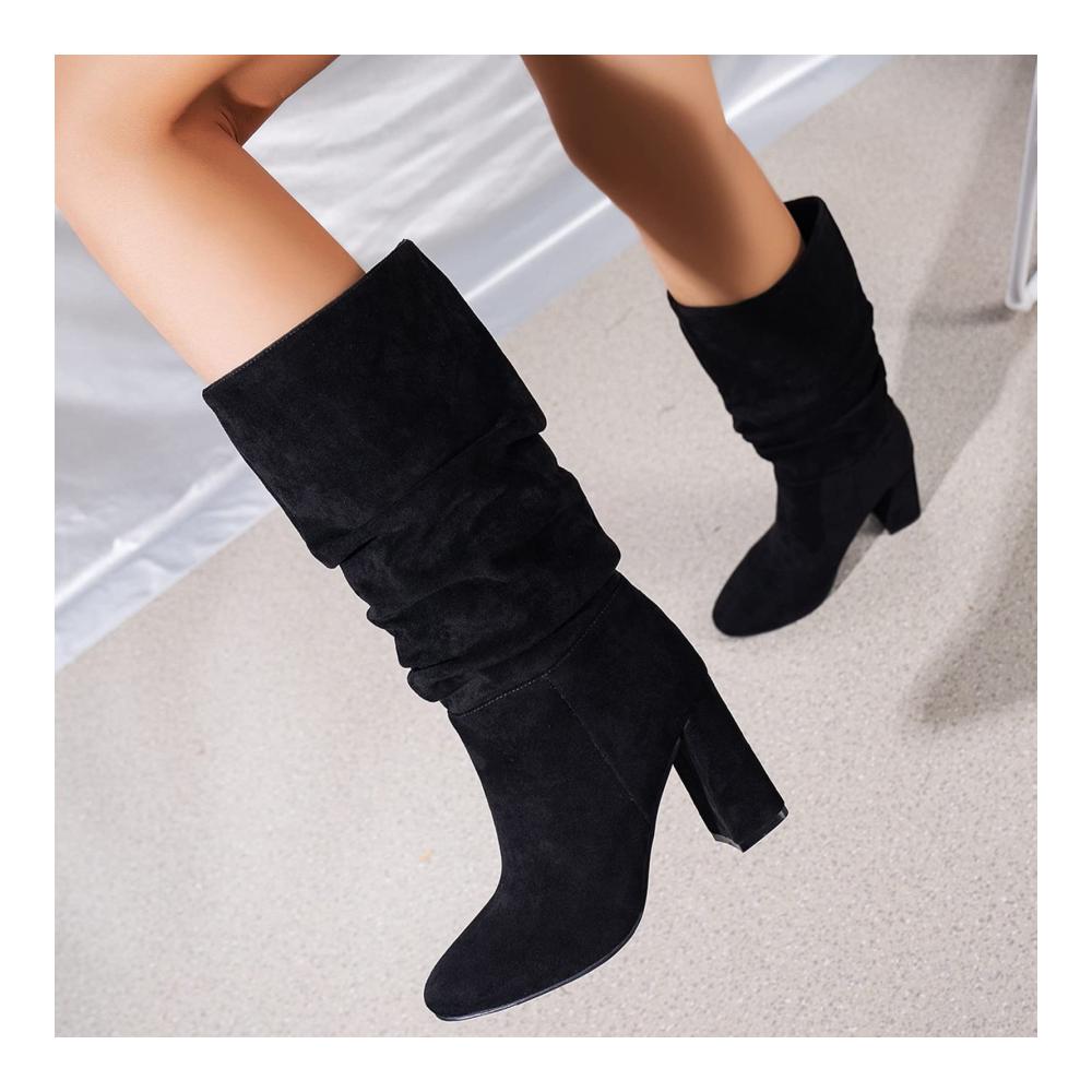 Damen Mode Einfarbige Flock Stiefel Stapelabsatz Schnürstiefel High Heel Mid-Calf Ankle Boots Damen Plüsch Knopf Winter Stiefel