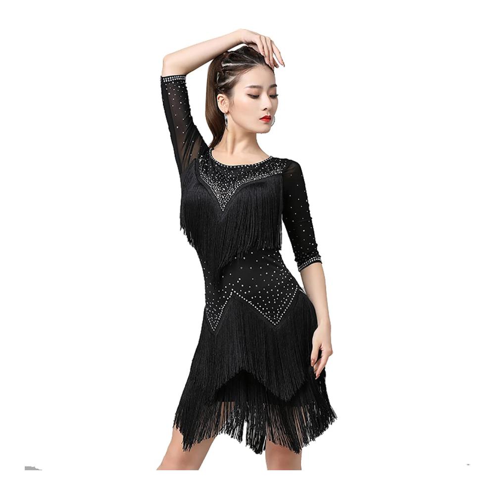Entdecken Sie Eleganz und Stil Schwarzes Latein-Tanzkleid für Damen mit Fransen und mittellangen Ärmeln für Ballsaal Salsa und mehr! Perfekt für lateinamerikanische Wettbewerbe und Trainings