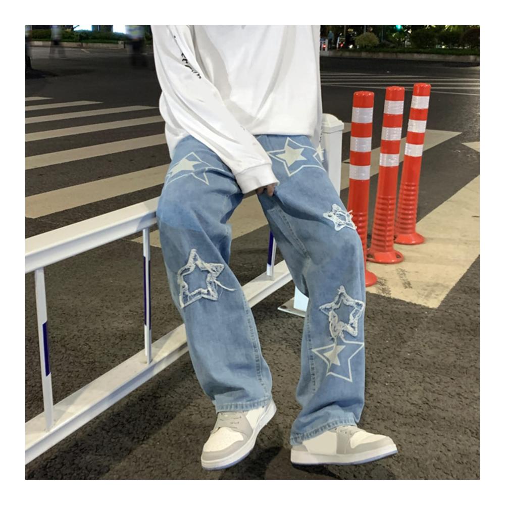 Trendige Herren-Jeanshosen Locker geschnitten weites Bein coole Stickerei. Perfekt für Streetwear und Parties. Bequem und stylisch