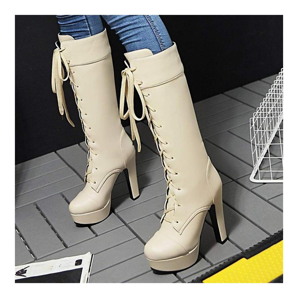 Damen Plateau Schnürstiefel mit Blockabsatz Warm gefüttert für Winter und kalte Tage - 12 cm Absatz Chunky Plateau Hohe Stiefel Winterschuhe