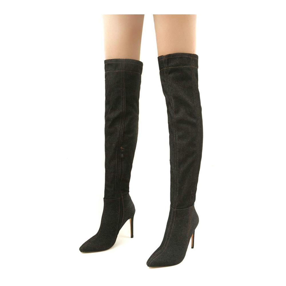 Damen Denim Stiefel Overknee Absatz Stiletto High Heels Herbst Winter Stiefel Spitz Reißverschluss Stiefeletten