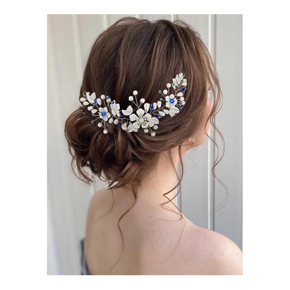 Erhabene Perlen Elegantes Haarband mit blauer Blume für Braut & Brautjungfern - Kristallverziertes Haaraccessoire für Hochzeiten & Proms