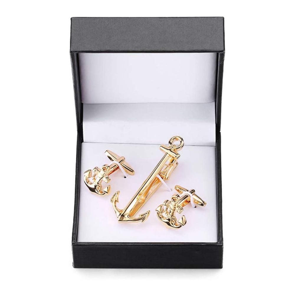 Herrengeschenke-Krawattenklammer und Manschettenknöpfe mit Saxophon-Motiv für Anzug Hemd und Krawatte